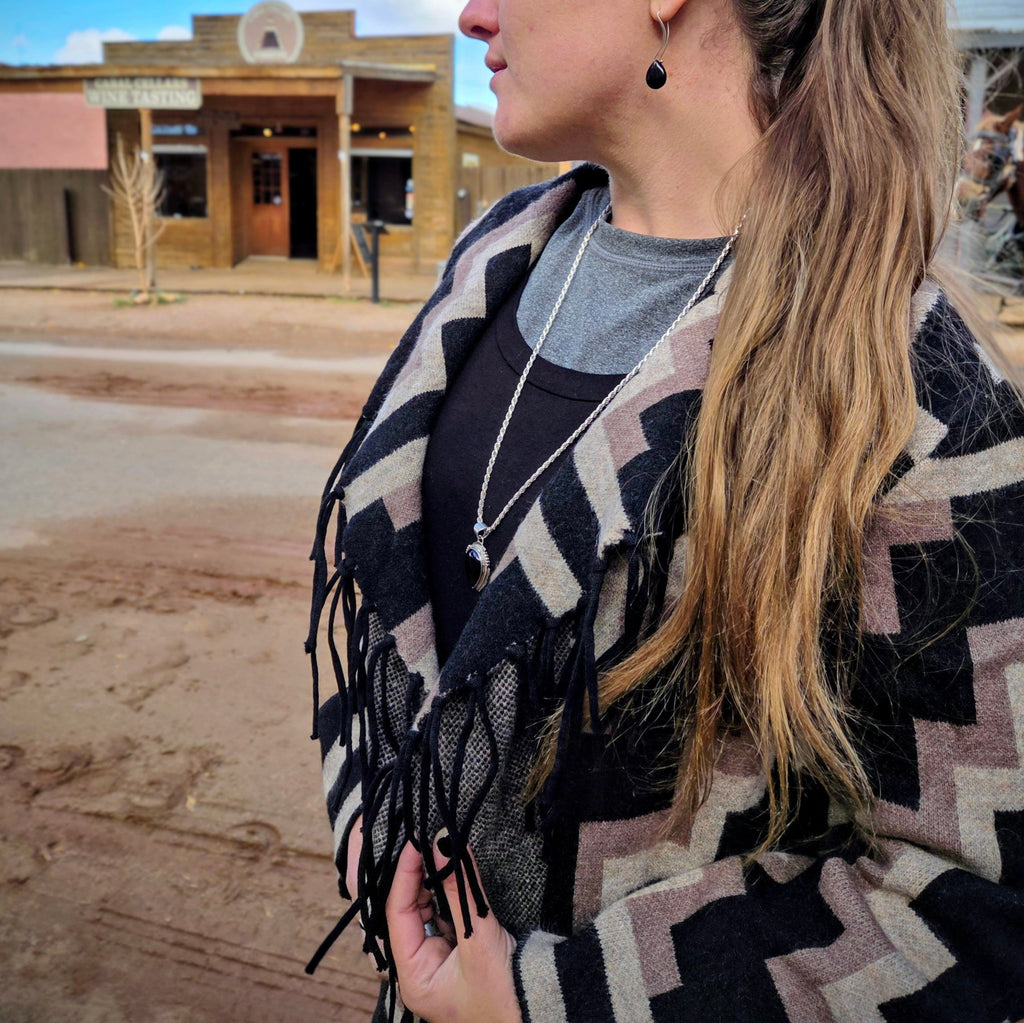 Women's Blanket Style "Barrel" Cardigan by Ariat close up on fringed collar