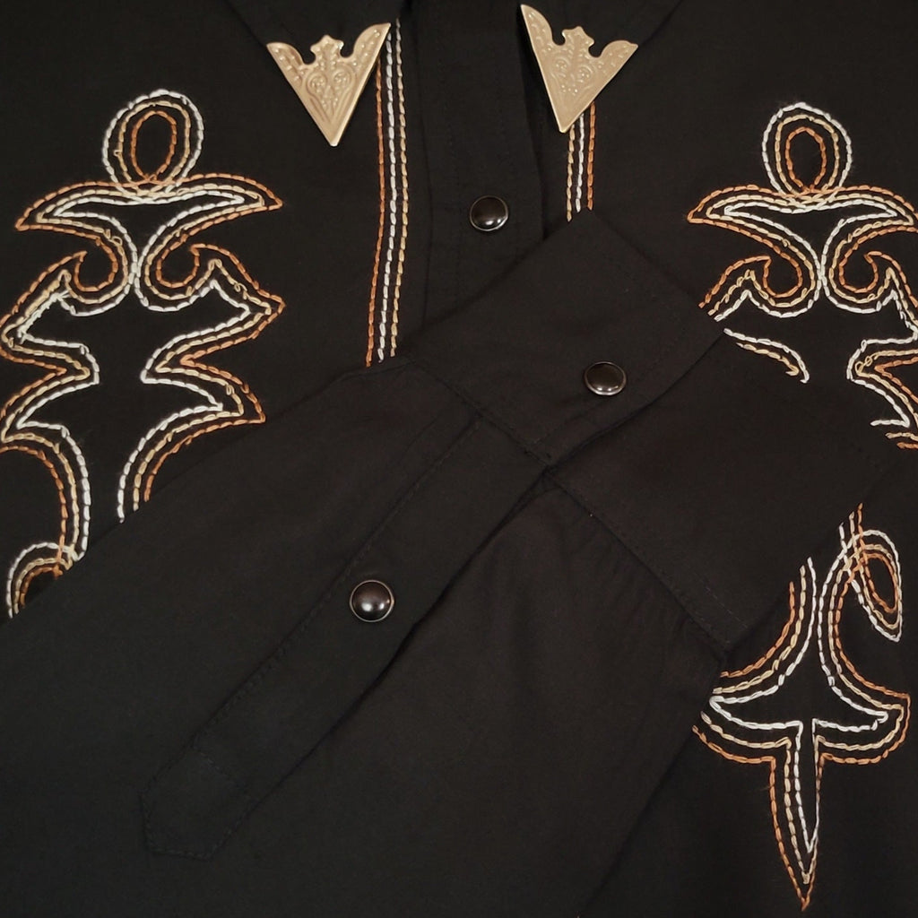 A close-up of the buttons on the sleeve and decorative stitching.