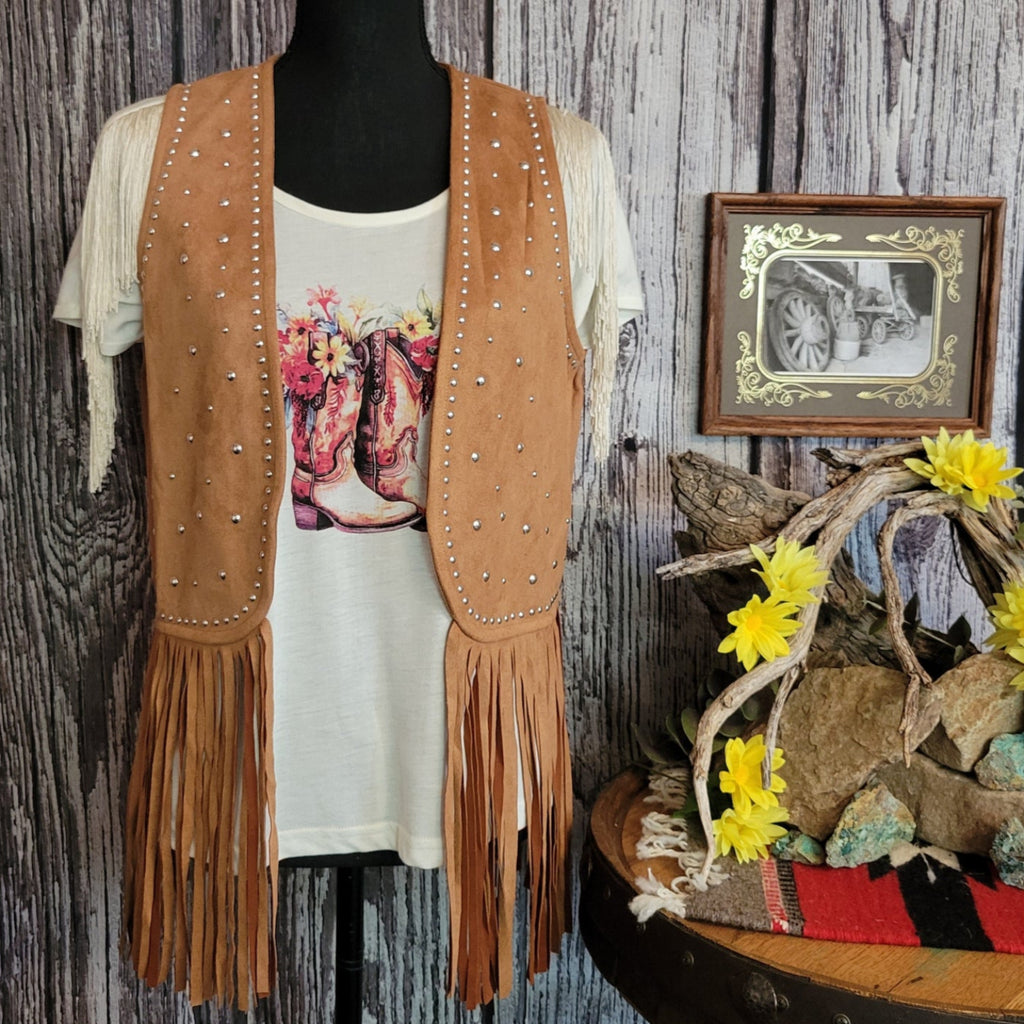Brown vest with silver studs and fringe.