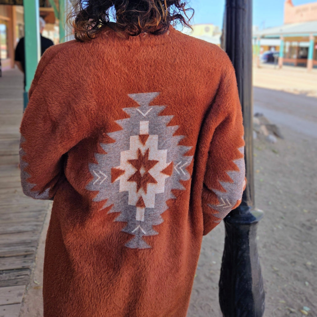 Women's long Cardigan w/ pockets "Christine" by Venario burnt orange  with tan details 
