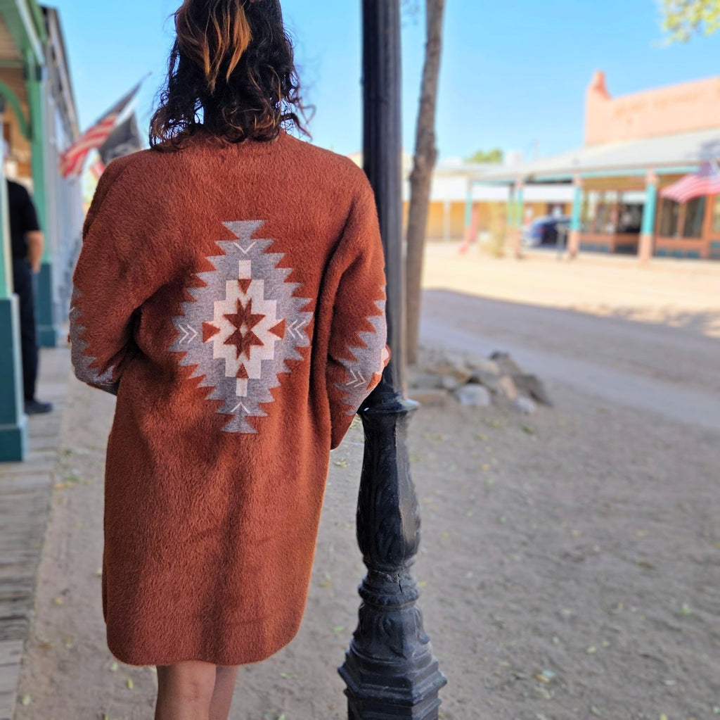 Women's long Cardigan w/ pockets "Christine" by Venario burnt orange  with tan details 