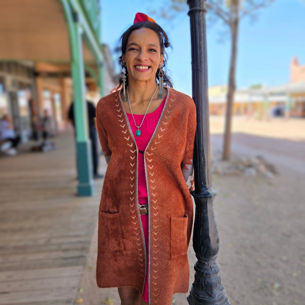 Women's long Cardigan w/ pockets "Christine" by Venario burnt orange  with tan details 