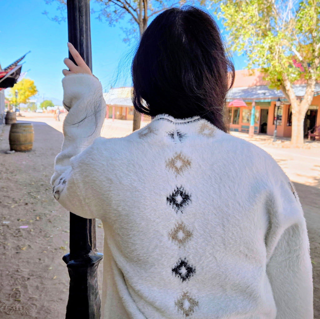 Women's long Cardigan "Francis" White w/tan & black designs back details