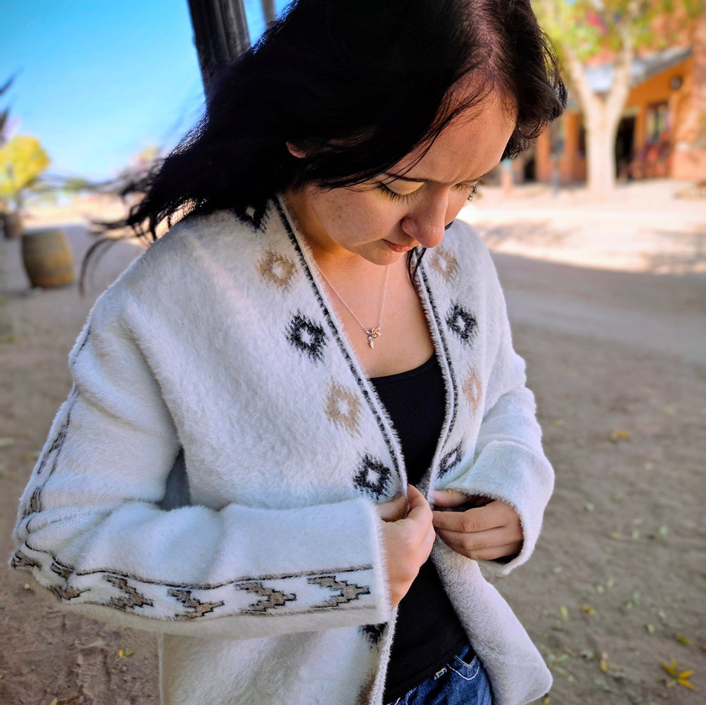 Women's long Cardigan "Francis" White w/tan & black design details 