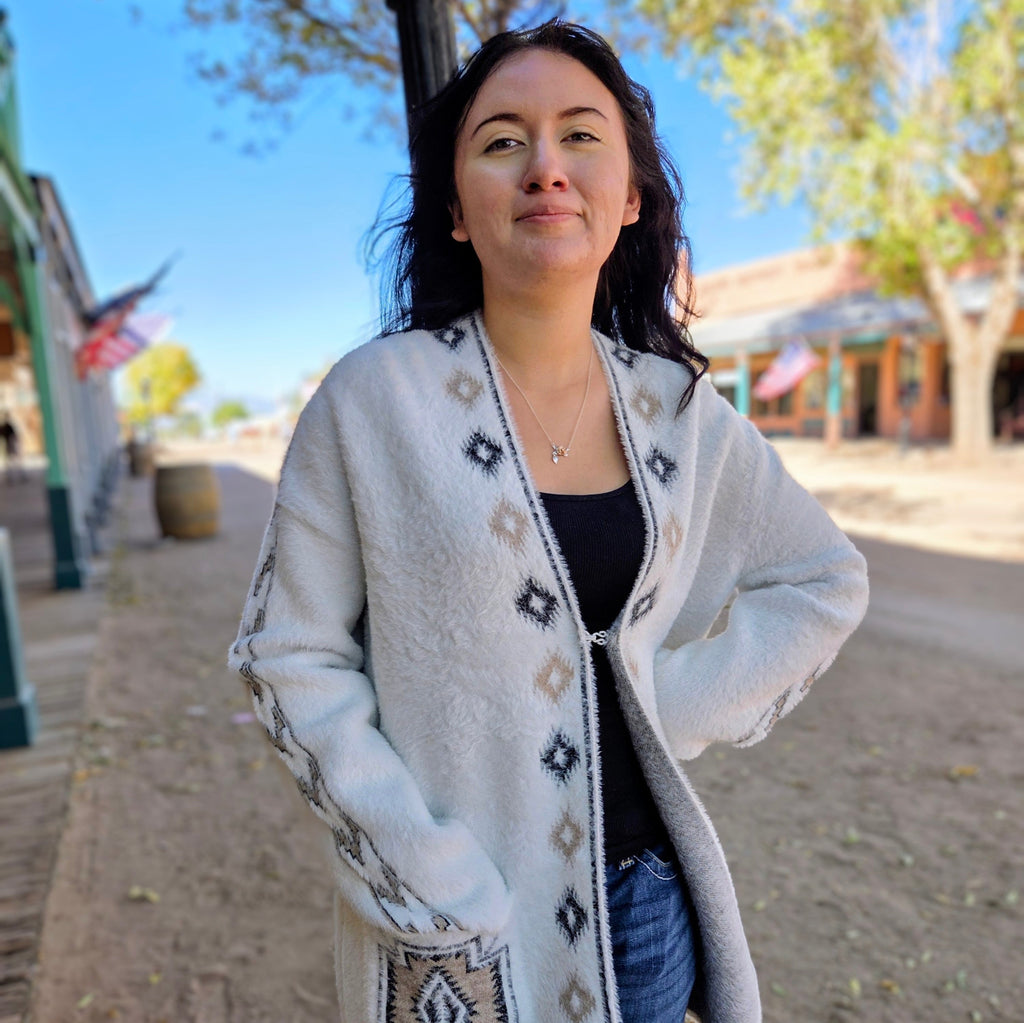 Women's long Cardigan "Francis" White w/tan & black design details 
