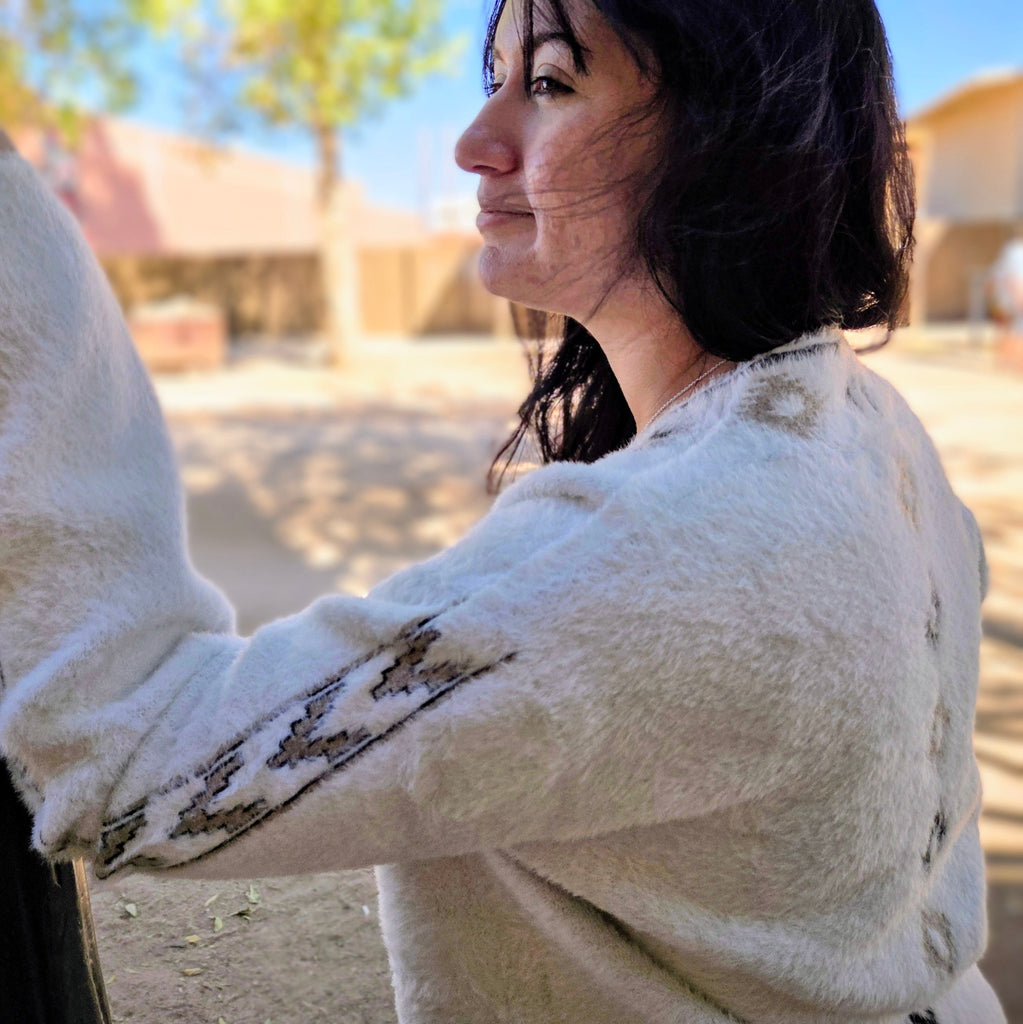 Women's long Cardigan "Francis" White w/tan & black designs sleeve detail