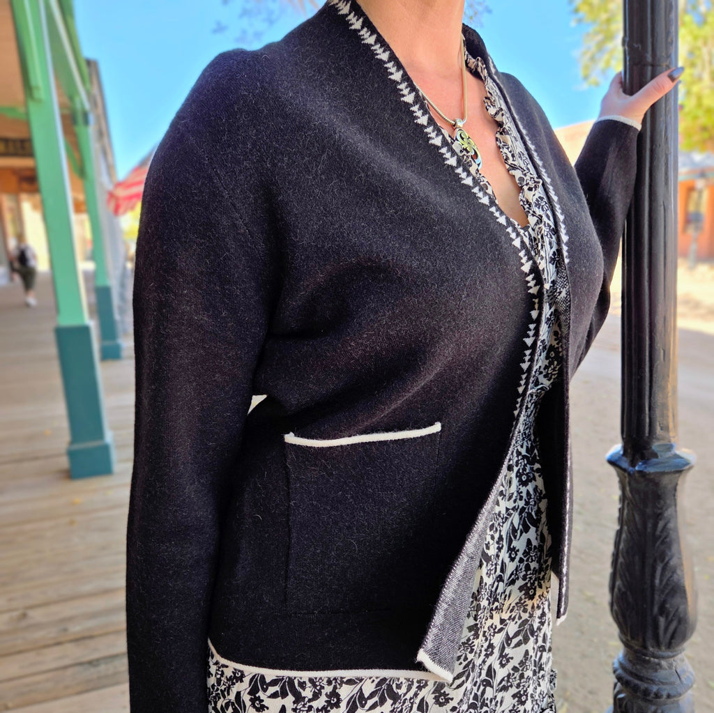 Women's Cardigan "Margo" by Venario Black w/ white details on model  close up