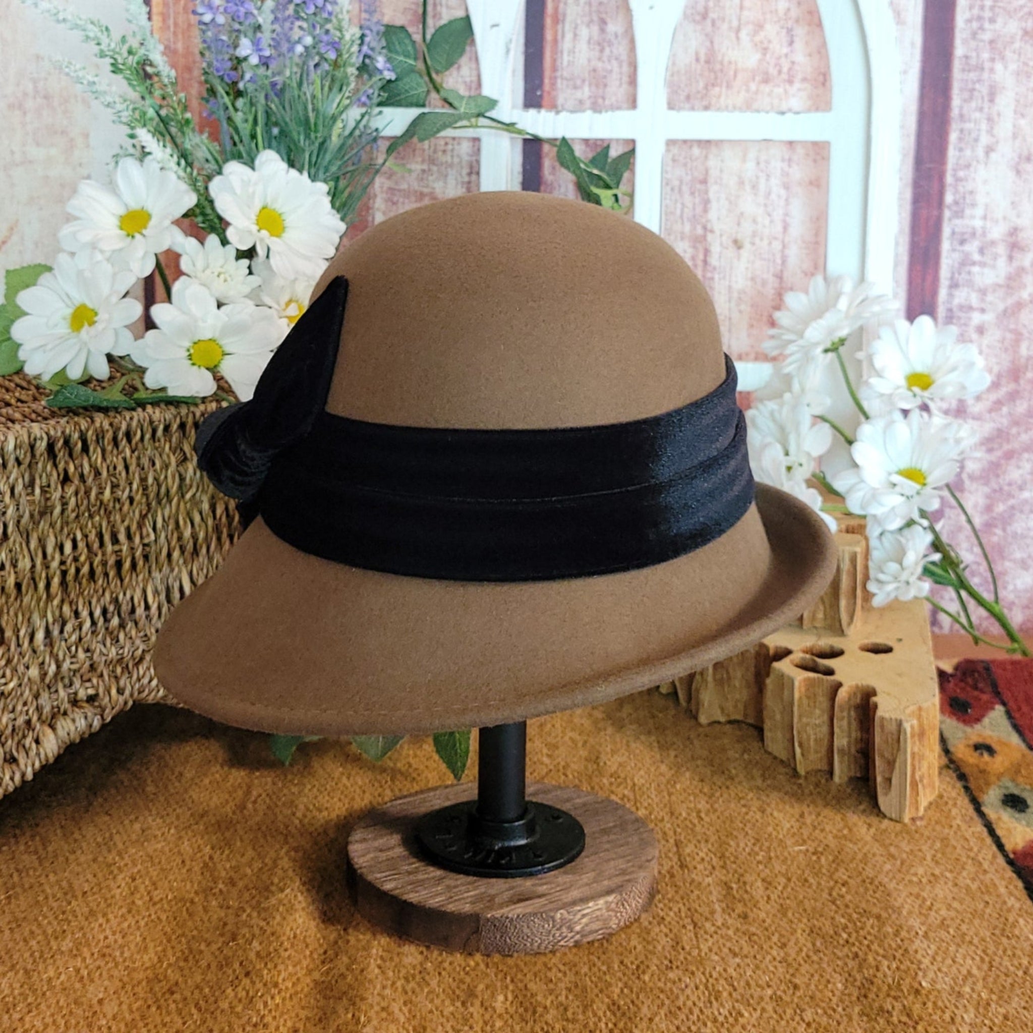 Vintage Black Velvet Cloche Hat with Bow Black Velvet Cloche Hat with Burnt Orange Velvet Band and  main image 2
