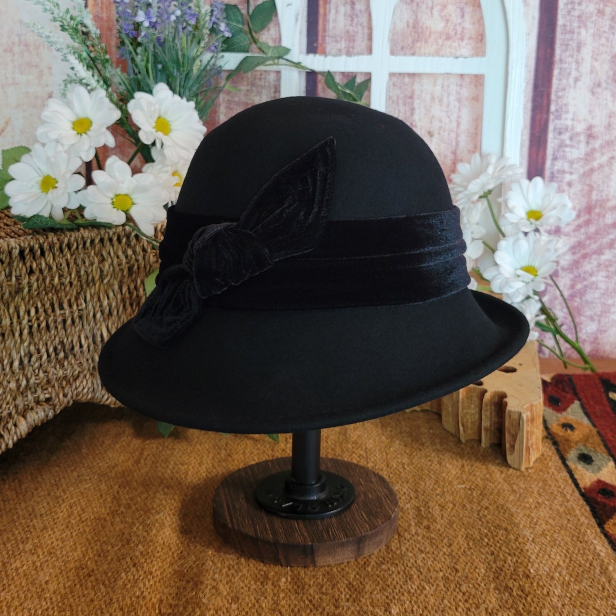 Black Velour felted black hat with black flowers Molly Hat Style - Pebbles in Black Upholstery - Pandemonium  main image 3