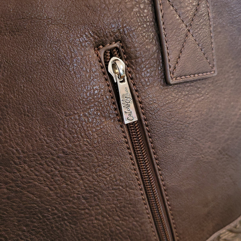 Women's Concealed Carry Hair-On Tote With Faux Turquoise Stone by Catchfly  2421300532 Detailed Back View