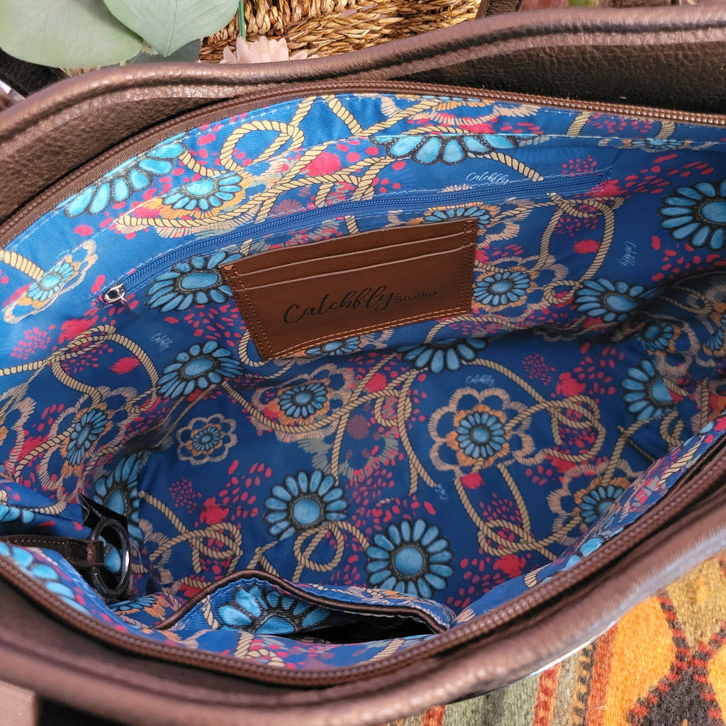 Women's Concealed Carry Hair-On Tote With Faux Turquoise Stone by Catchfly  2421300532 Detailed Inside View