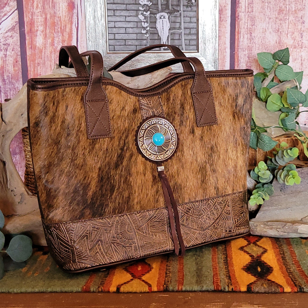 Women's Concealed Carry Hair-On Tote With Faux Turquoise Stone by Catchfly  2421300532 Front View