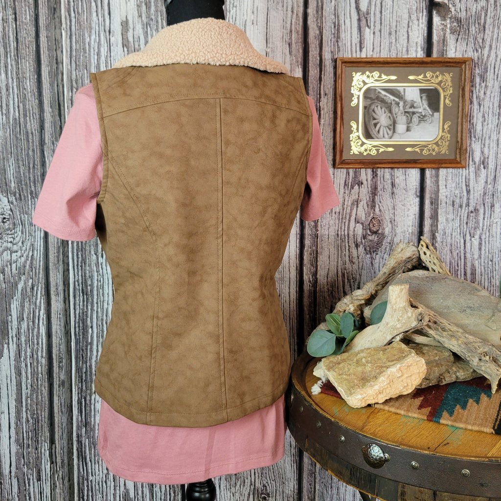 Brown vest with beige fleece interior and collar, featuring multiple front pockets.
