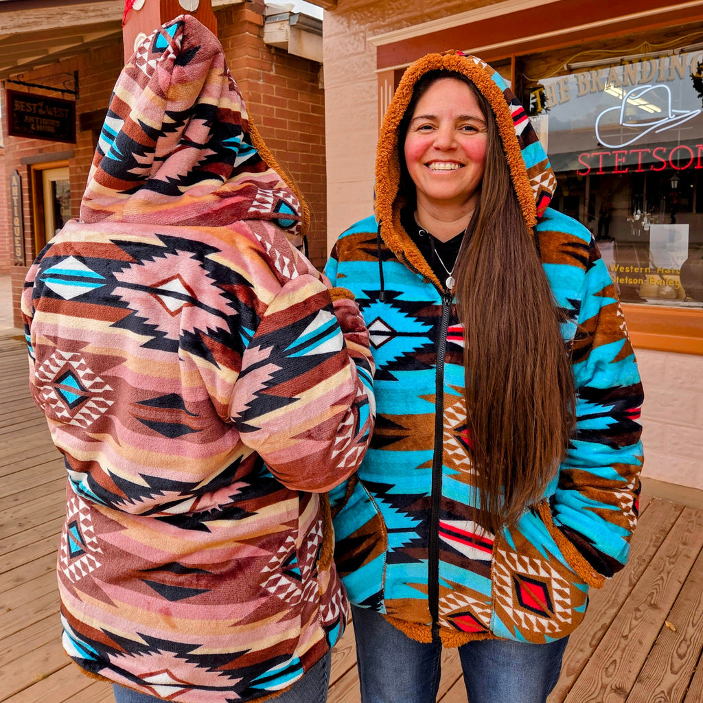 Women's Fleece Jackets by All Weather Outwear pink & turquoise aztec design on models
