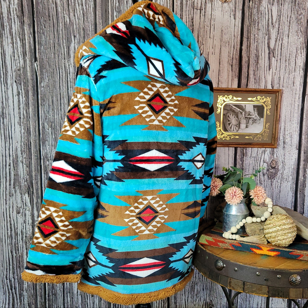 Women's Fleece Jacket by All Weather Outwear turquoise aztec design