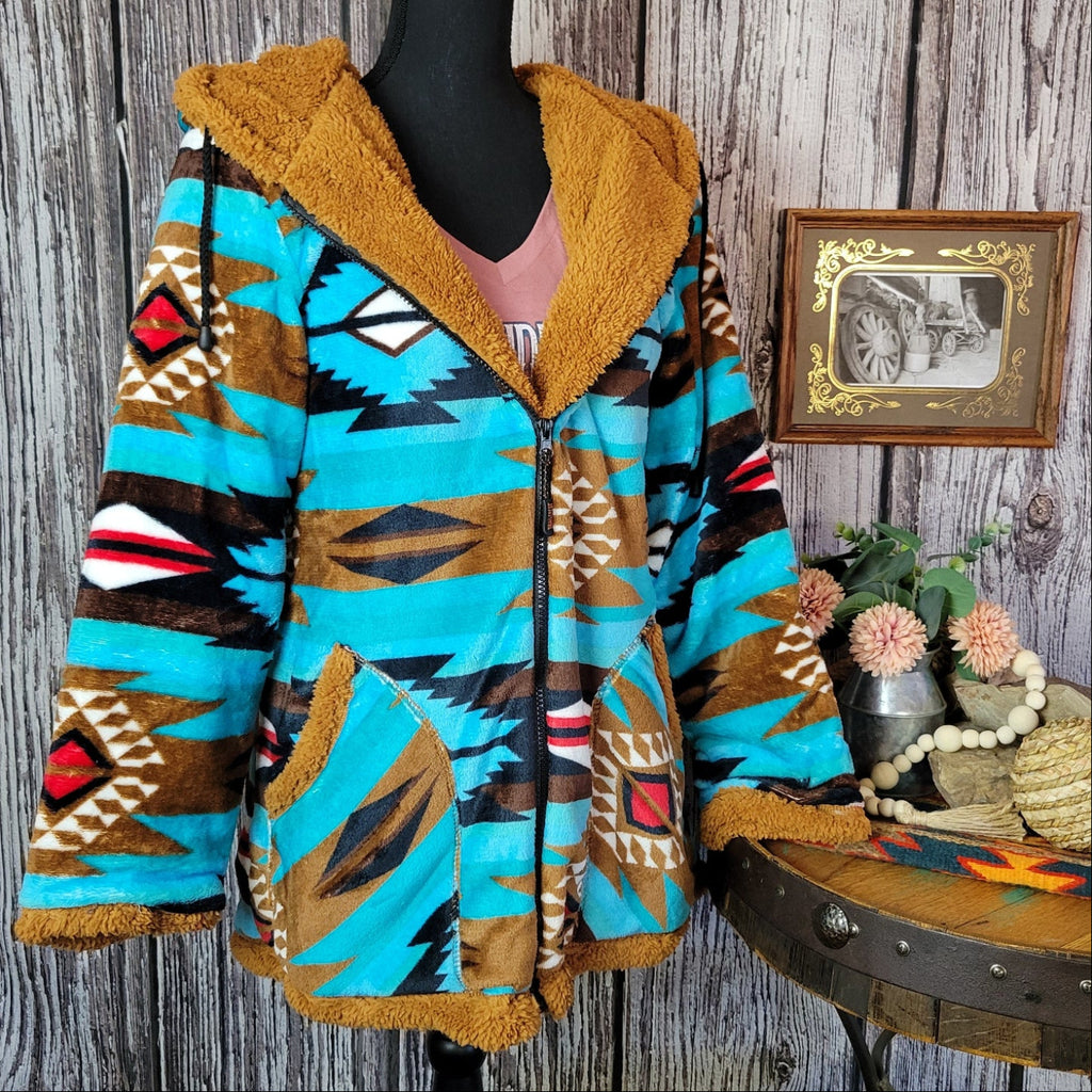Women's Fleece Jacket by All Weather Outwear turquoise aztec design