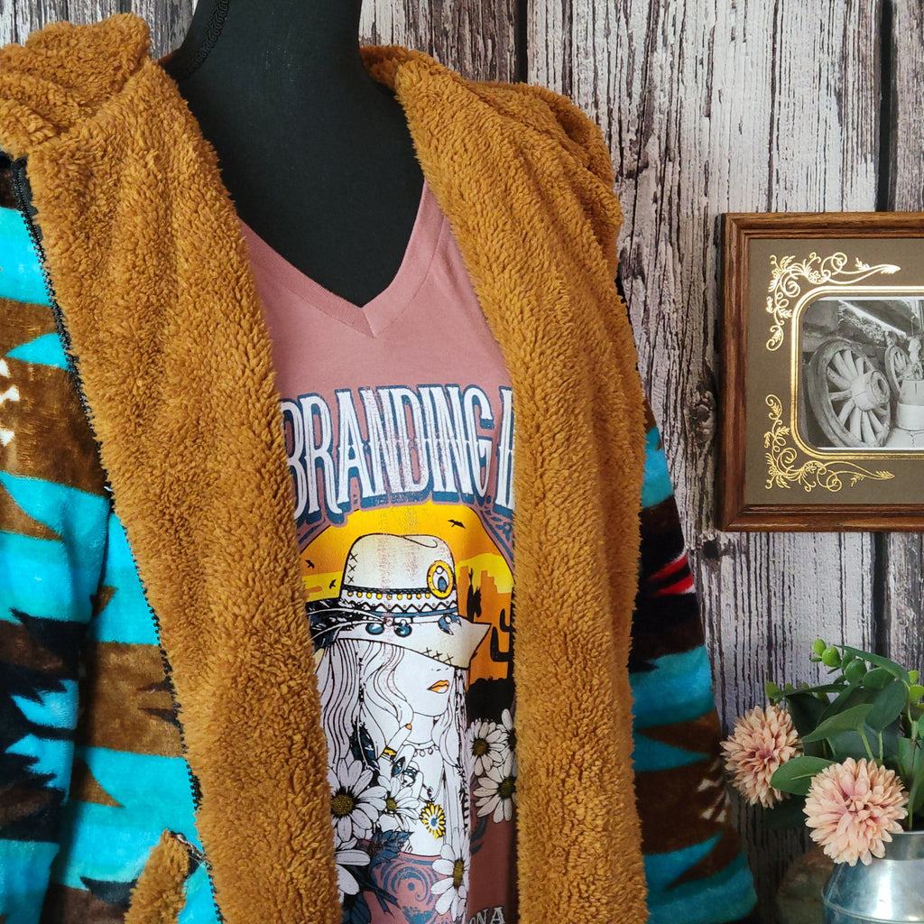 Women's Fleece Jacket by All Weather Outwear turquoise aztec design