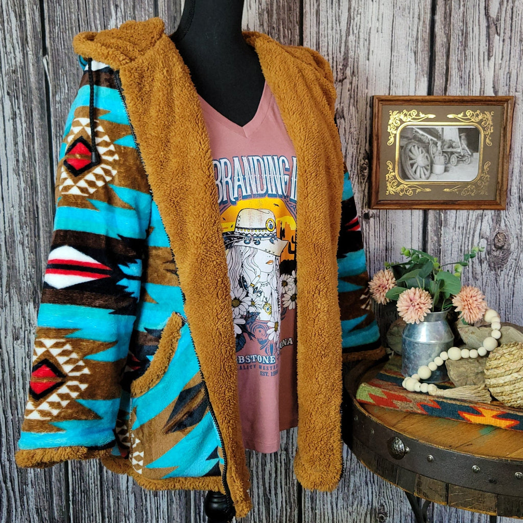 Women's Fleece Jacket by All Weather Outwear turquoise aztec design