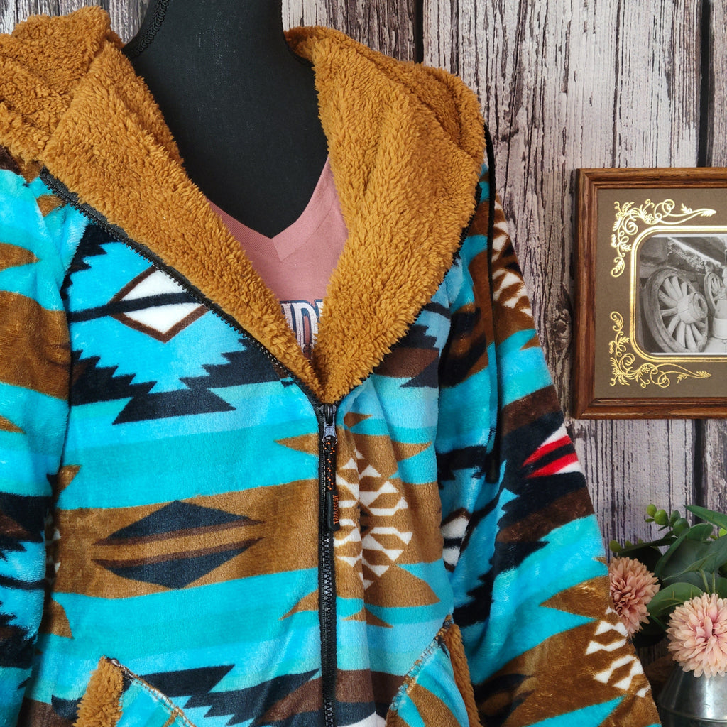 Women's Fleece Jacket by All Weather Outwear turquoise aztec design