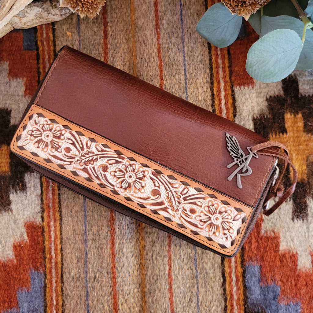 Women's Floral Tooled Leather Wallet by Angel Ranch D330006202 Top Front View..