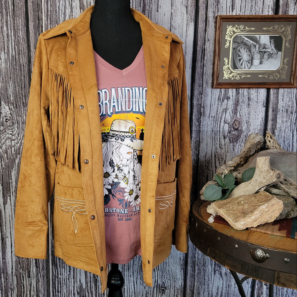 Tan jacket with front to back fringe, button-up design, and front pockets.