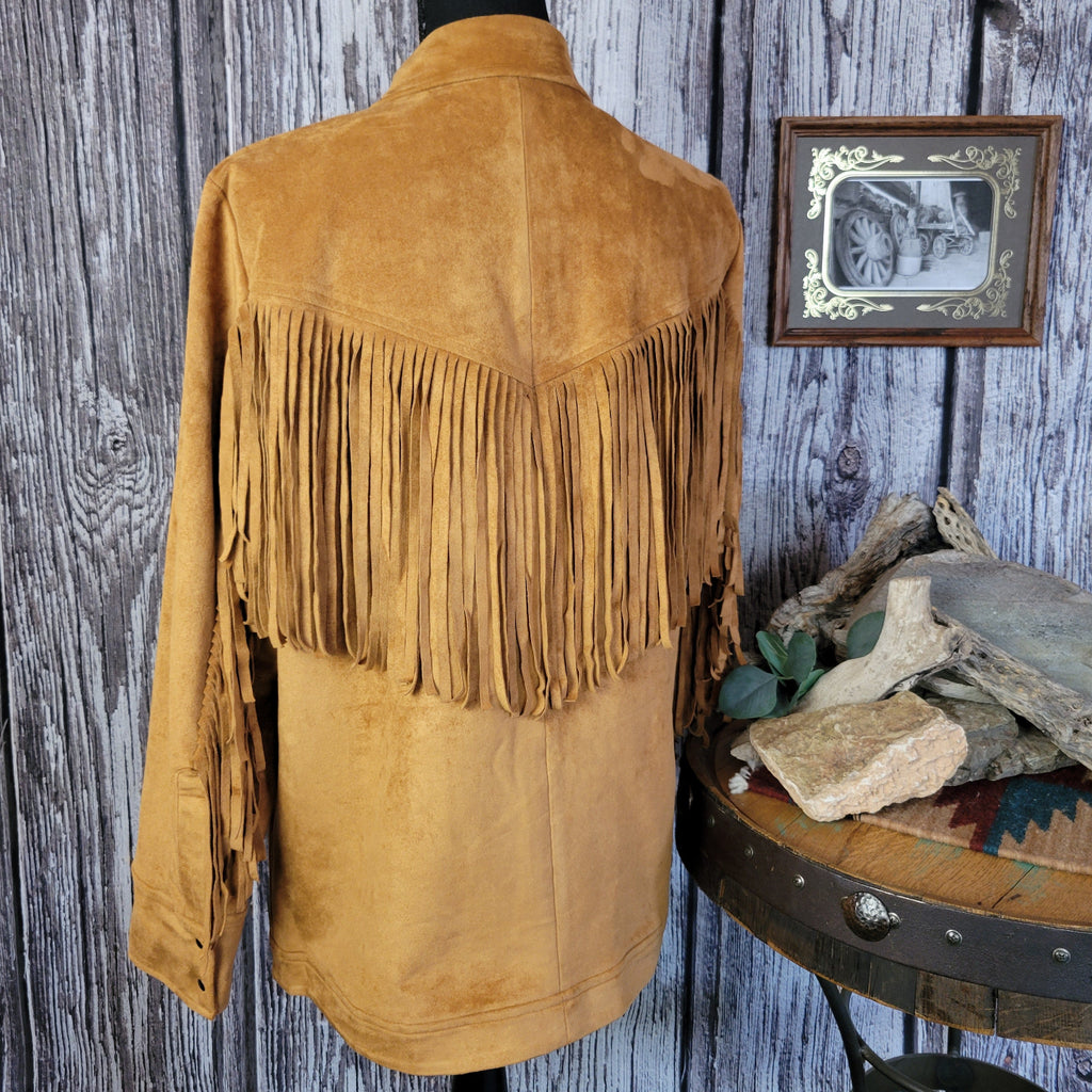 Tan jacket with front to back fringe, button-up design, and front pockets.