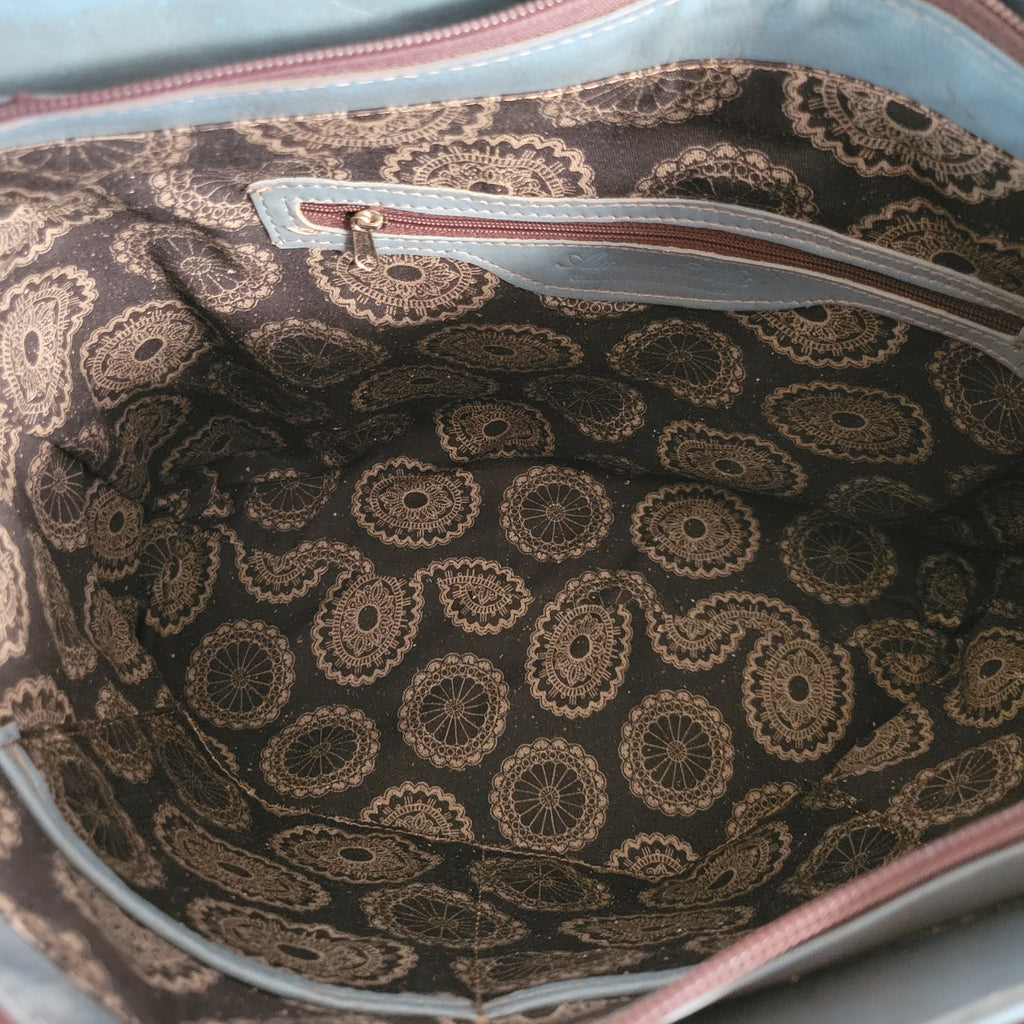 The interior features western print.