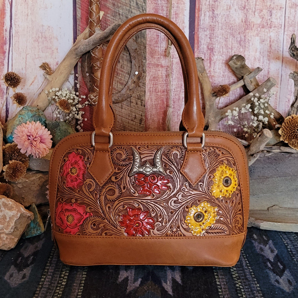 Women's Hand Tooled Floral Suave Mini Bag by Loyal West LW-SS25-004-SB Front View2