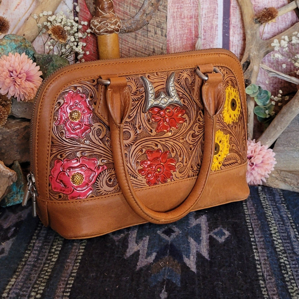 Women's Hand Tooled Floral Suave Mini Bag by Loyal West LW-SS25-004-SB Front View w/ Handles Down