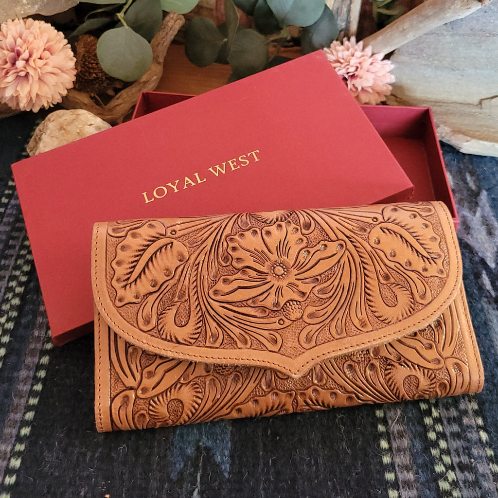 Women's Hand Tooled "Gloriana" Leather Wallet by Loyal West LW-SS25-090-LW Front View w/ Box