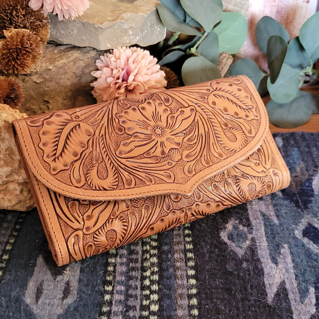 Women's Hand Tooled "Gloriana" Leather Wallet by Loyal West LW-SS25-090-LW Front View..