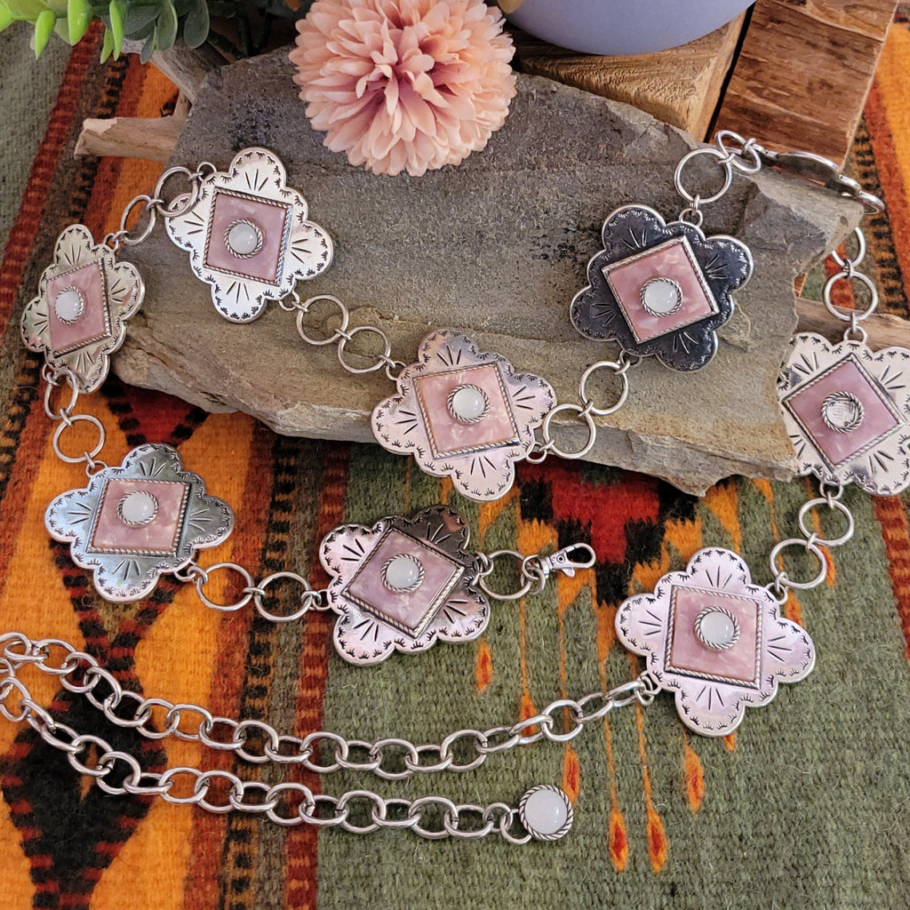 Women's Large Concho Belt With Pink Opal by Catchfly  24137BE1 Front View..