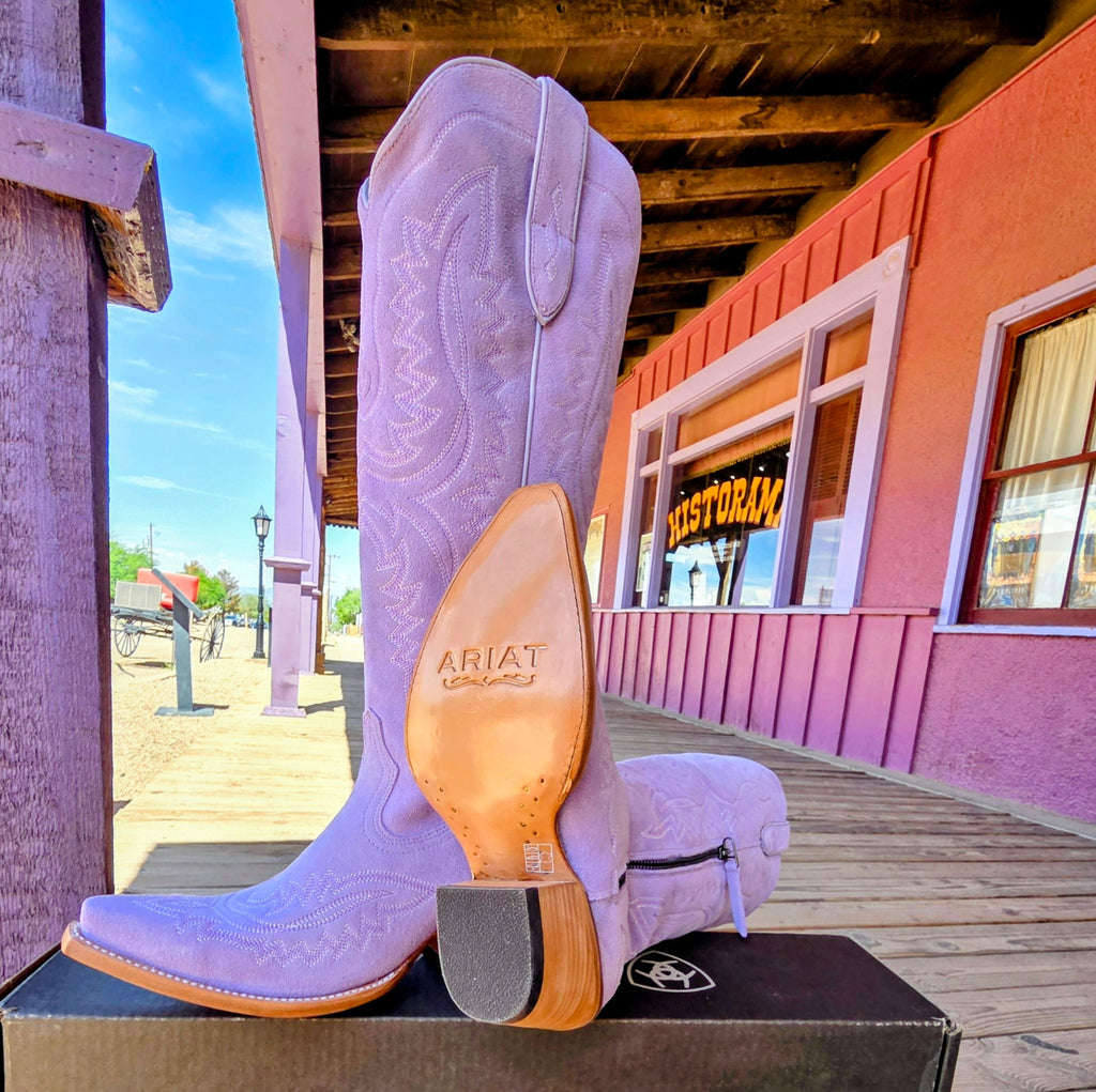 Lavender suede Cassandra boots by Ariat, showcasing intricate stitching. Sole View