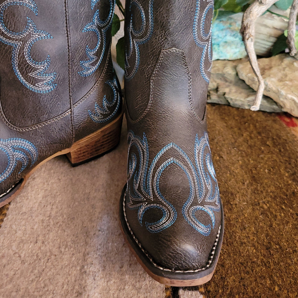 Close-up of the blue and white stitching on the blue.