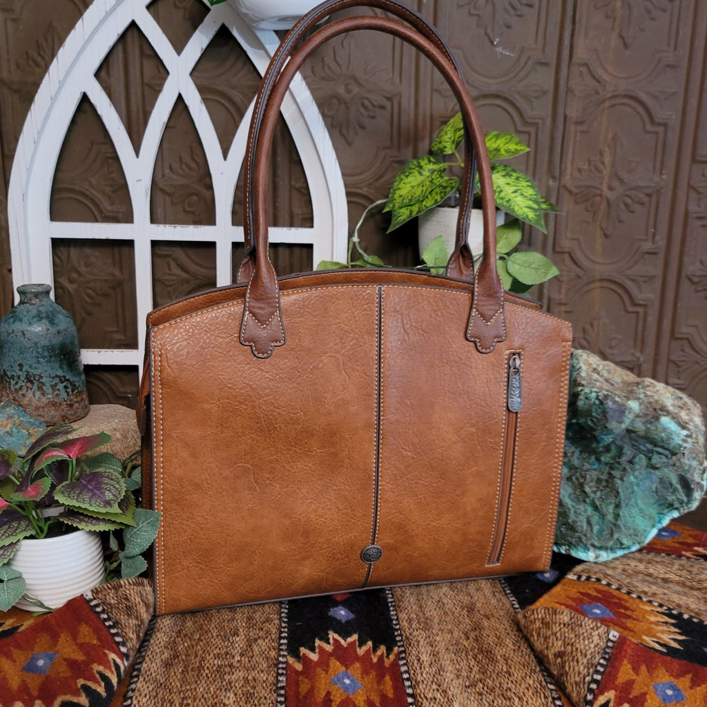 Brown leather tote with a textured finish featuring a zipper on the back.