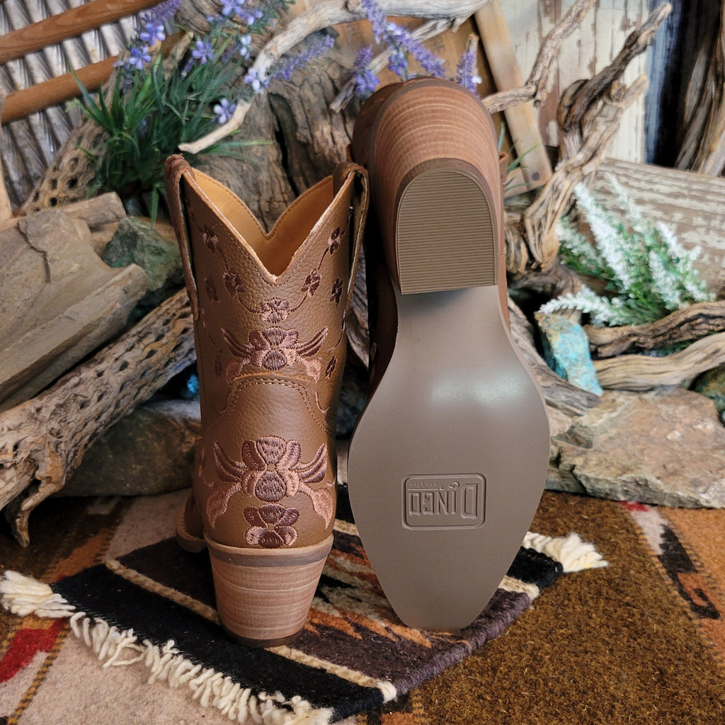 Brown ankle boots with a rubber sole  and floral embroidery.