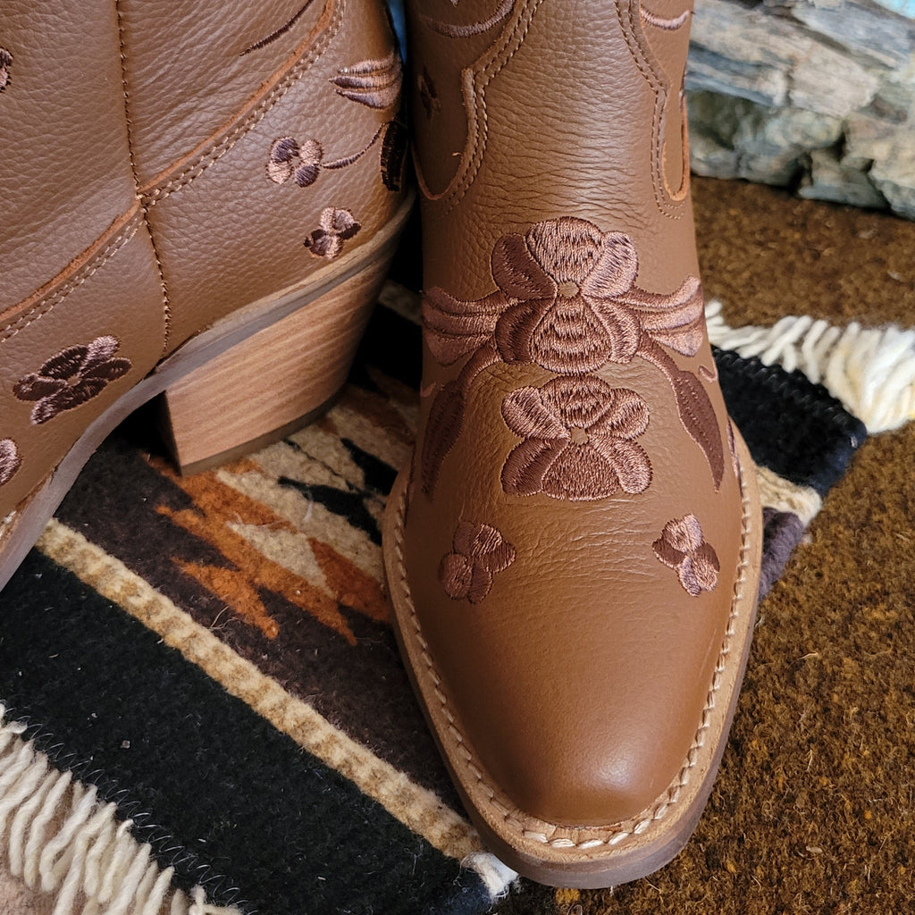 Close-up of the snip toe and floral embroidery.