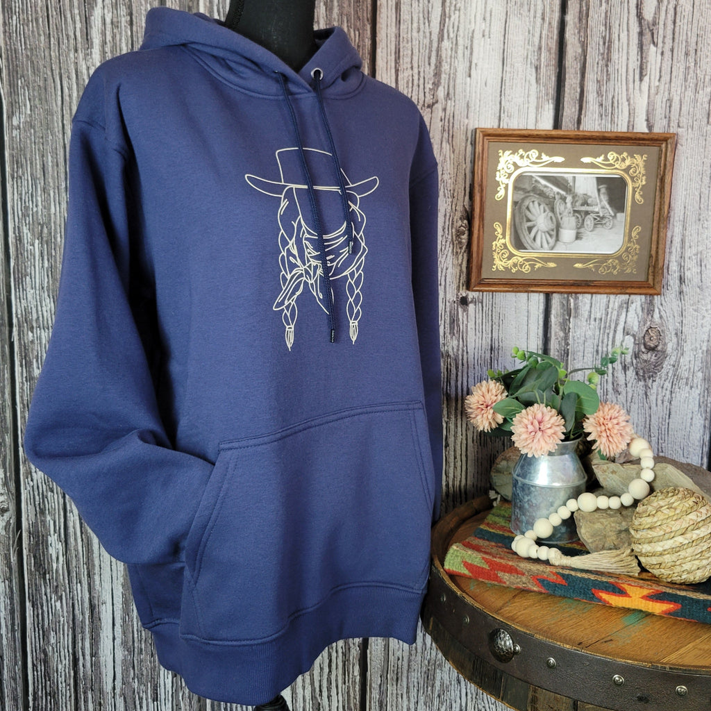Blue hoodie with a white cowgirl outline on the front.