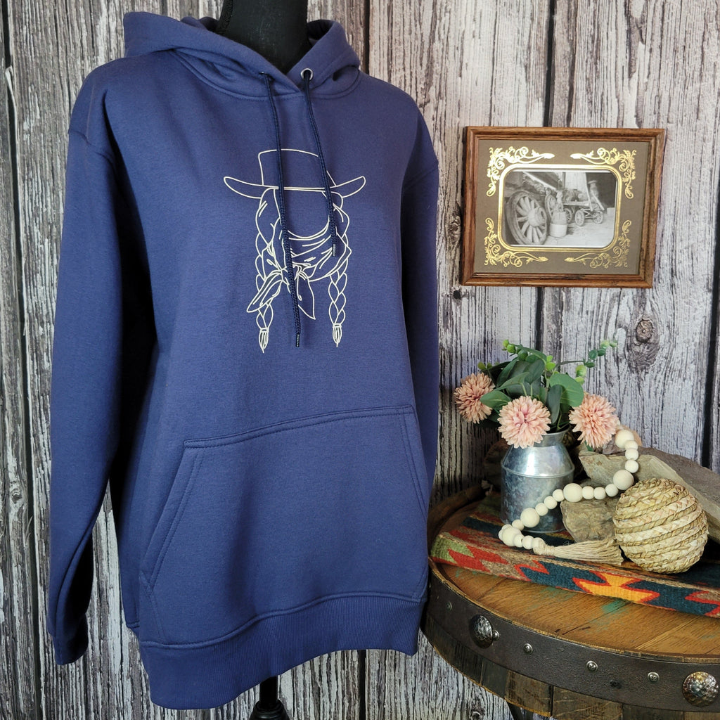 Blue hoodie with a white cowgirl outline on the front.