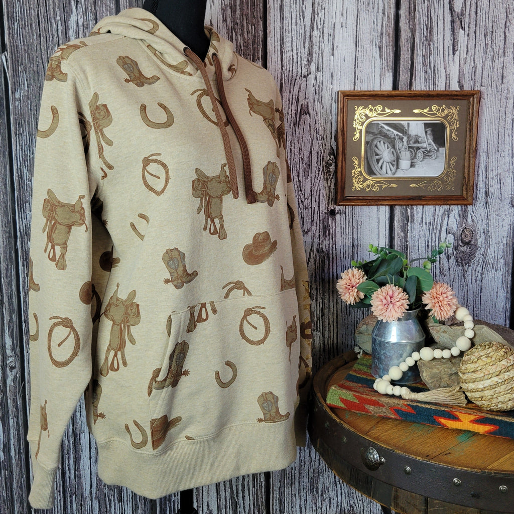 Beige hoodie with western patterns.