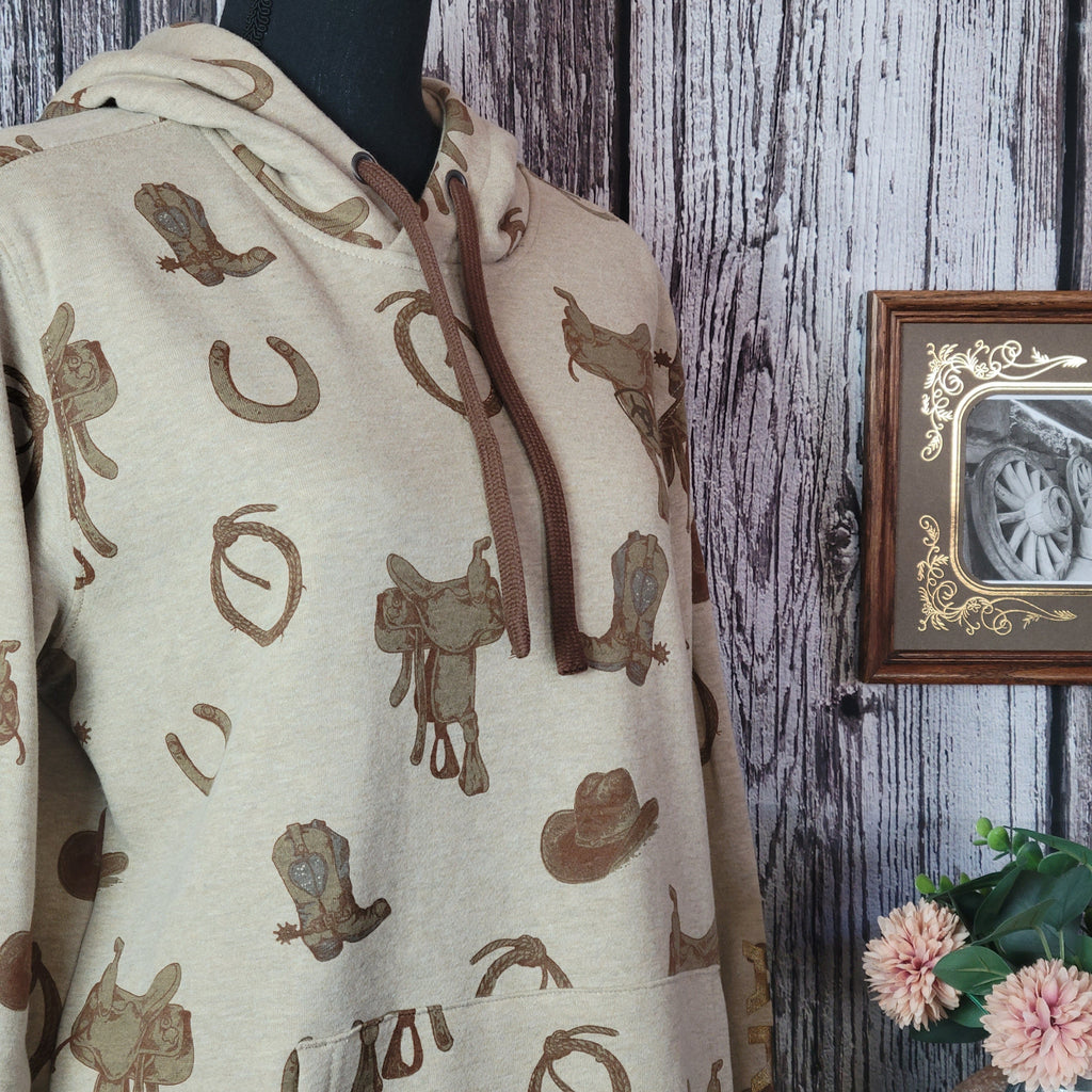 Close-up of the western patterns on the hoodie.