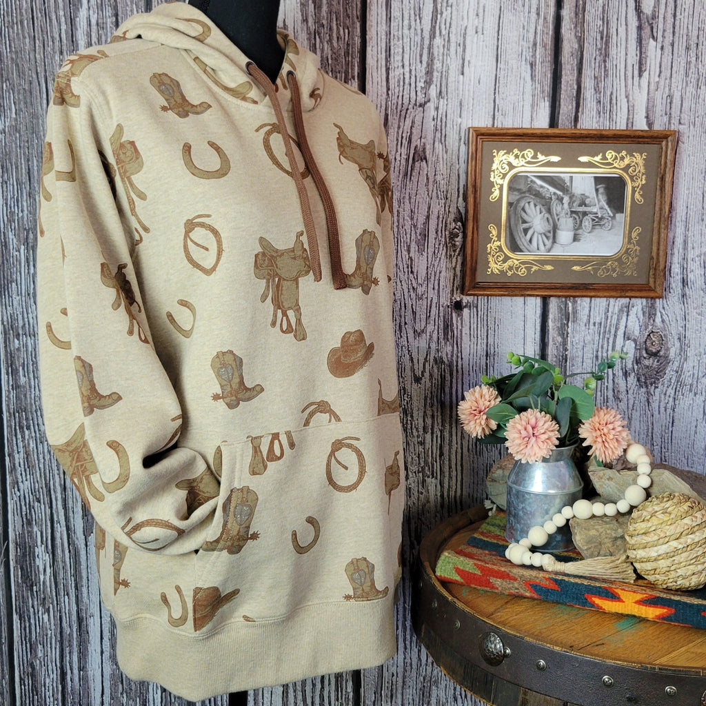 Beige hoodie with western patterns.