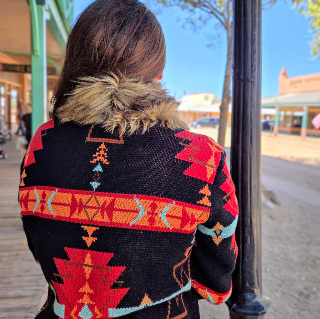 Women's Southwestern Sweater 100% cotton Cardigan by Panhandle on model back view