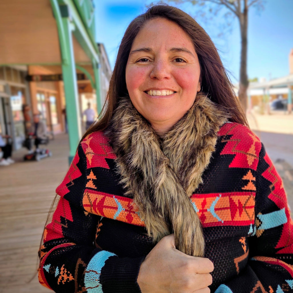 Women's Southwestern Sweater 100% cotton Cardigan by Panhandle on model close up on furry collar.