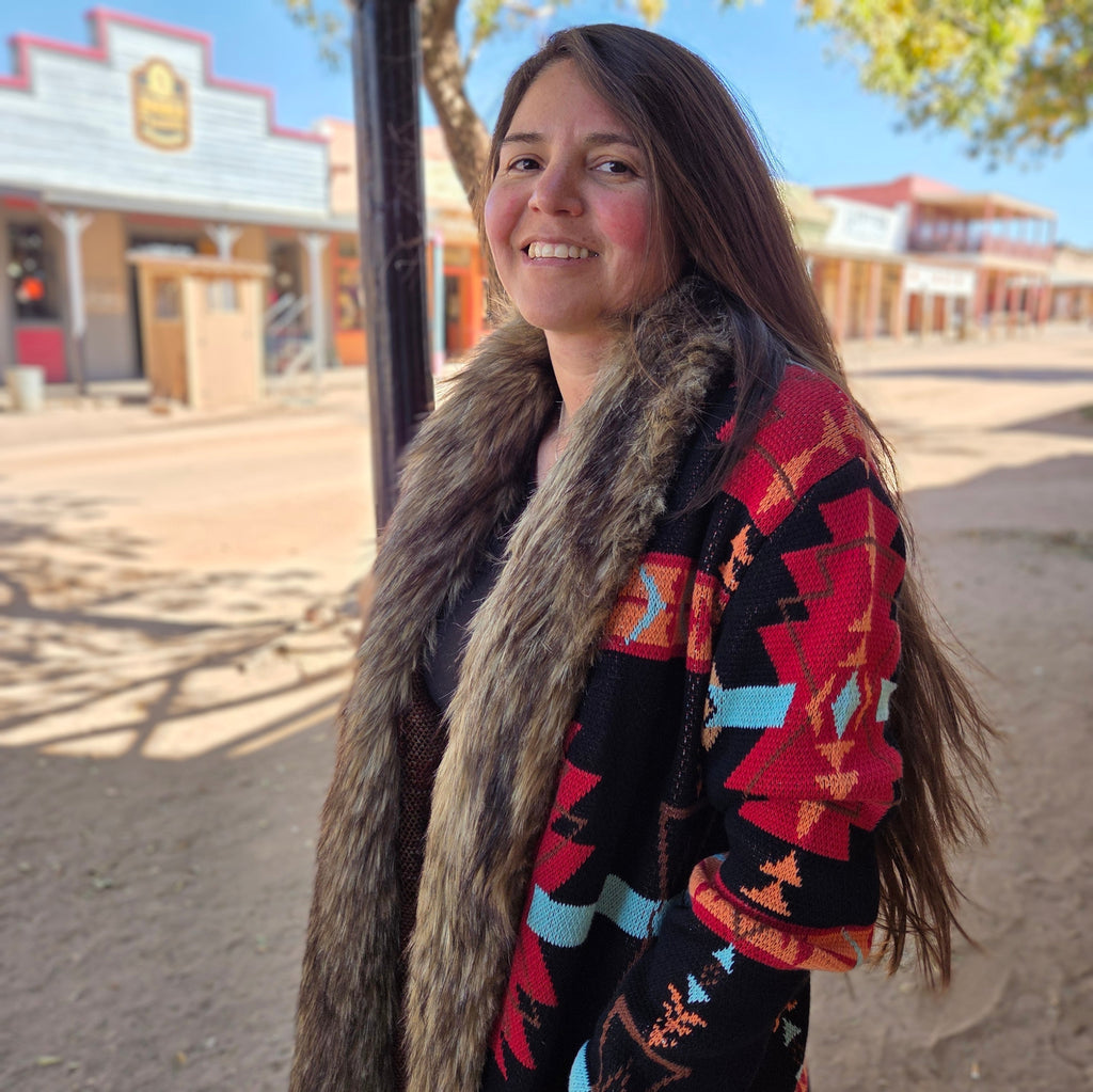 Women's Southwestern Sweater 100% cotton Cardigan by Panhandle on model side view
