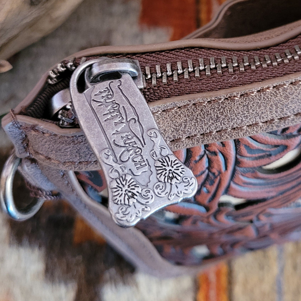 Women's Tooled Aztec Floral Clutch by Trinity Ranch TR190-181CF Detailed Zipper View