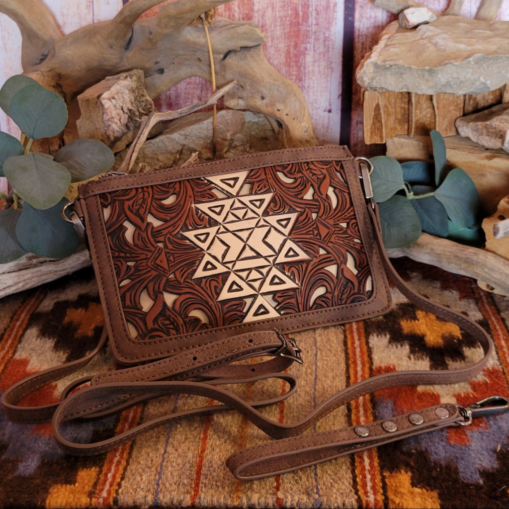Women's Tooled Aztec Floral Clutch by Trinity Ranch TR190-181CF Front View W/ Both Shoulder/Wrist Strap