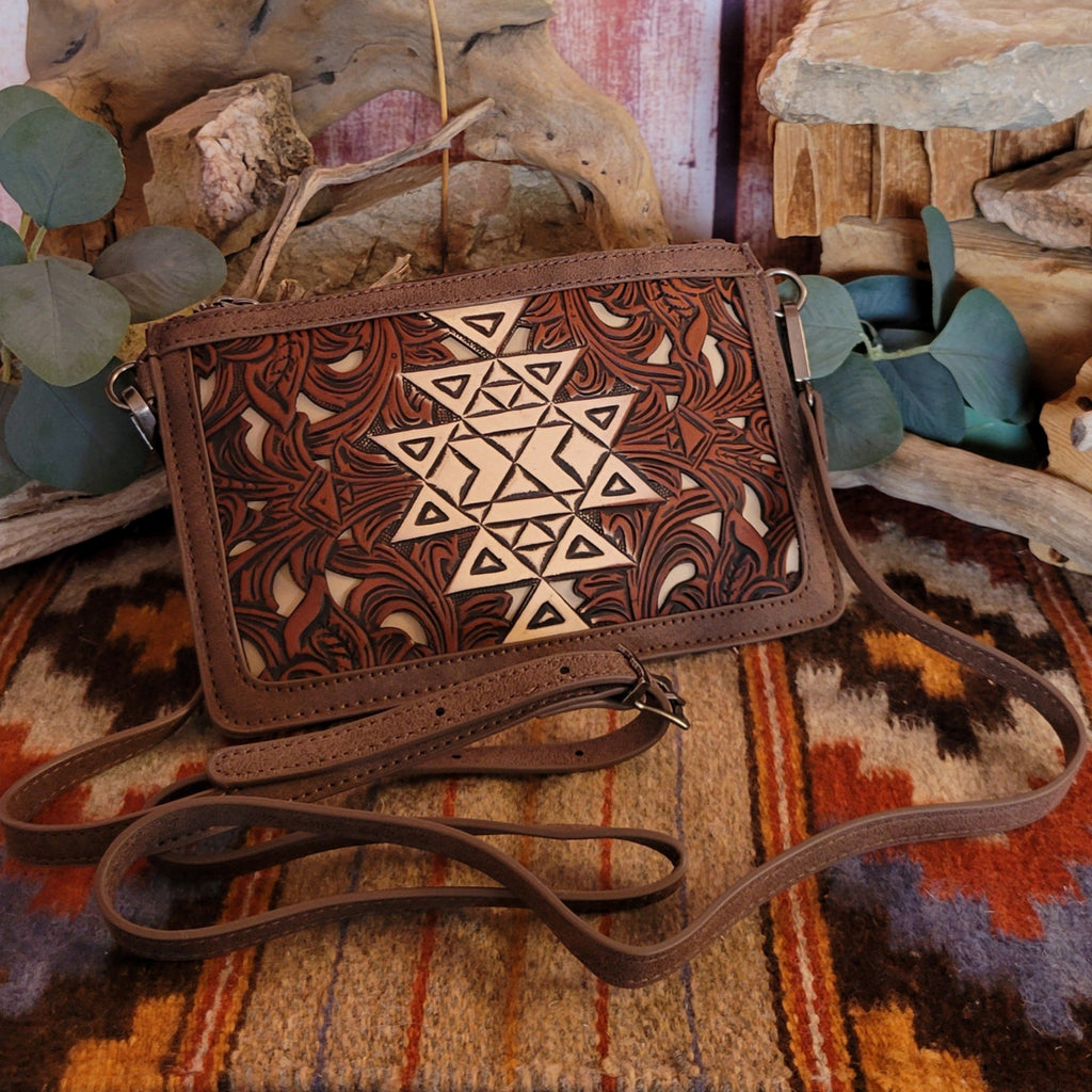 Women's Tooled Aztec Floral Clutch by Trinity Ranch TR190-181CF Front View W/ Shoulder Strap