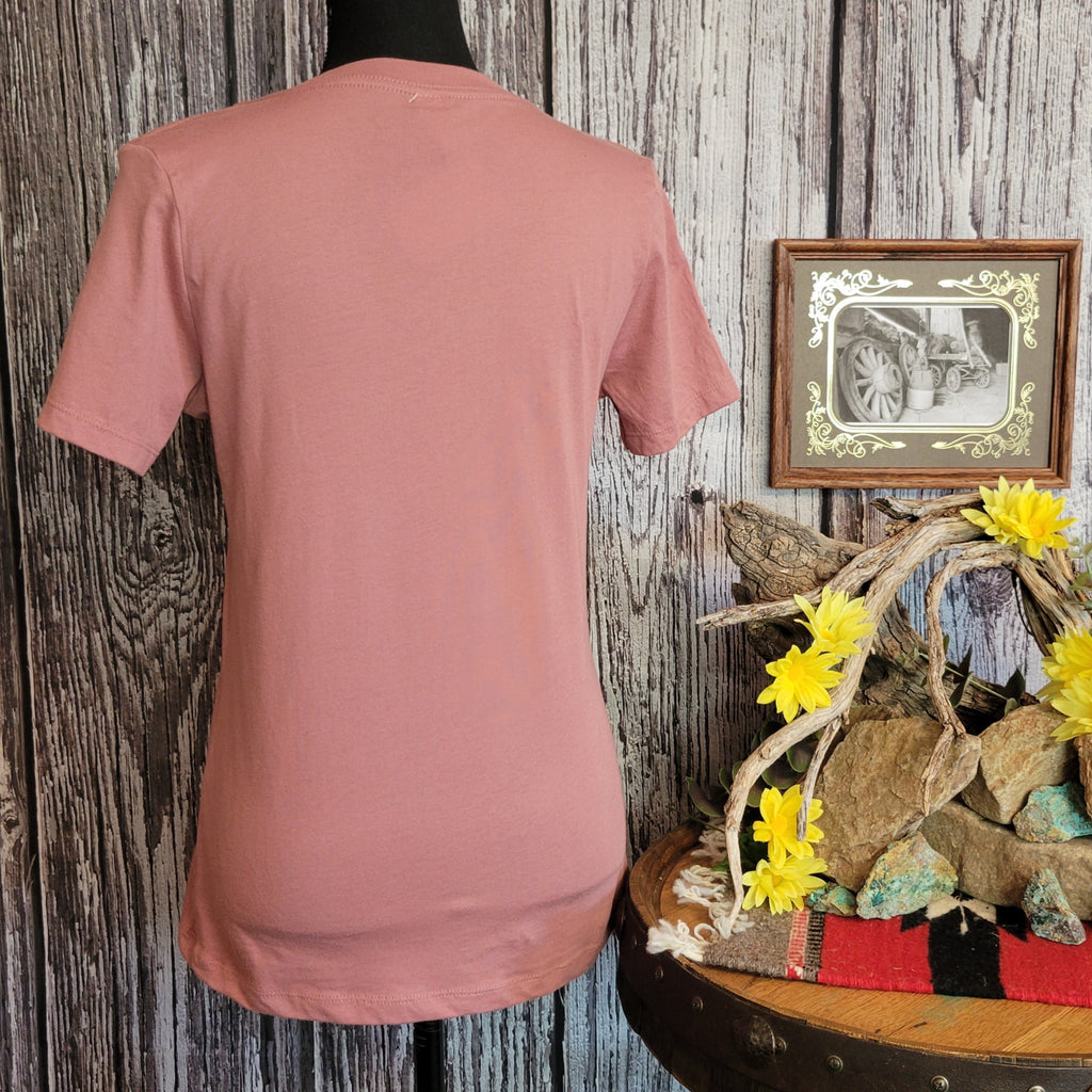 Local "The Branding Iron" v-neck shirt with graphic design.