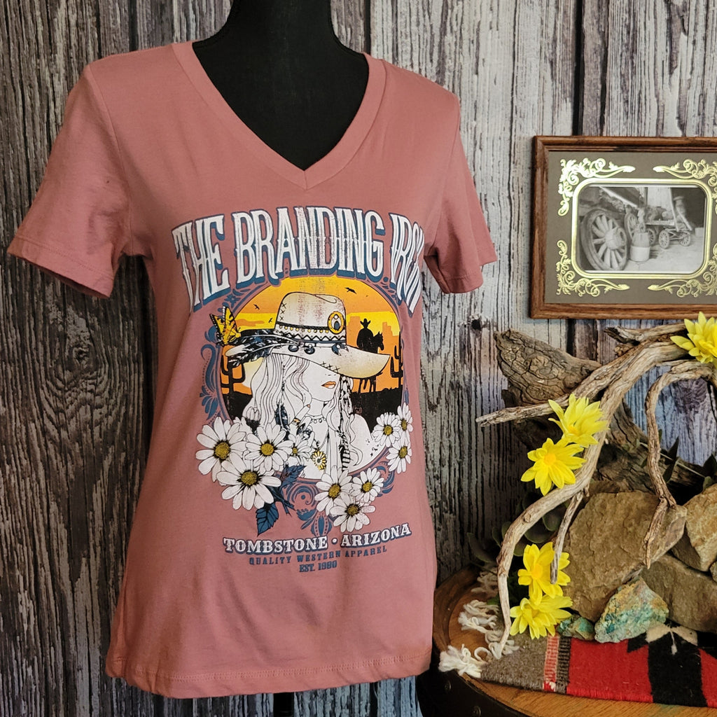 Local "The Branding Iron" v-neck shirt with graphic design.